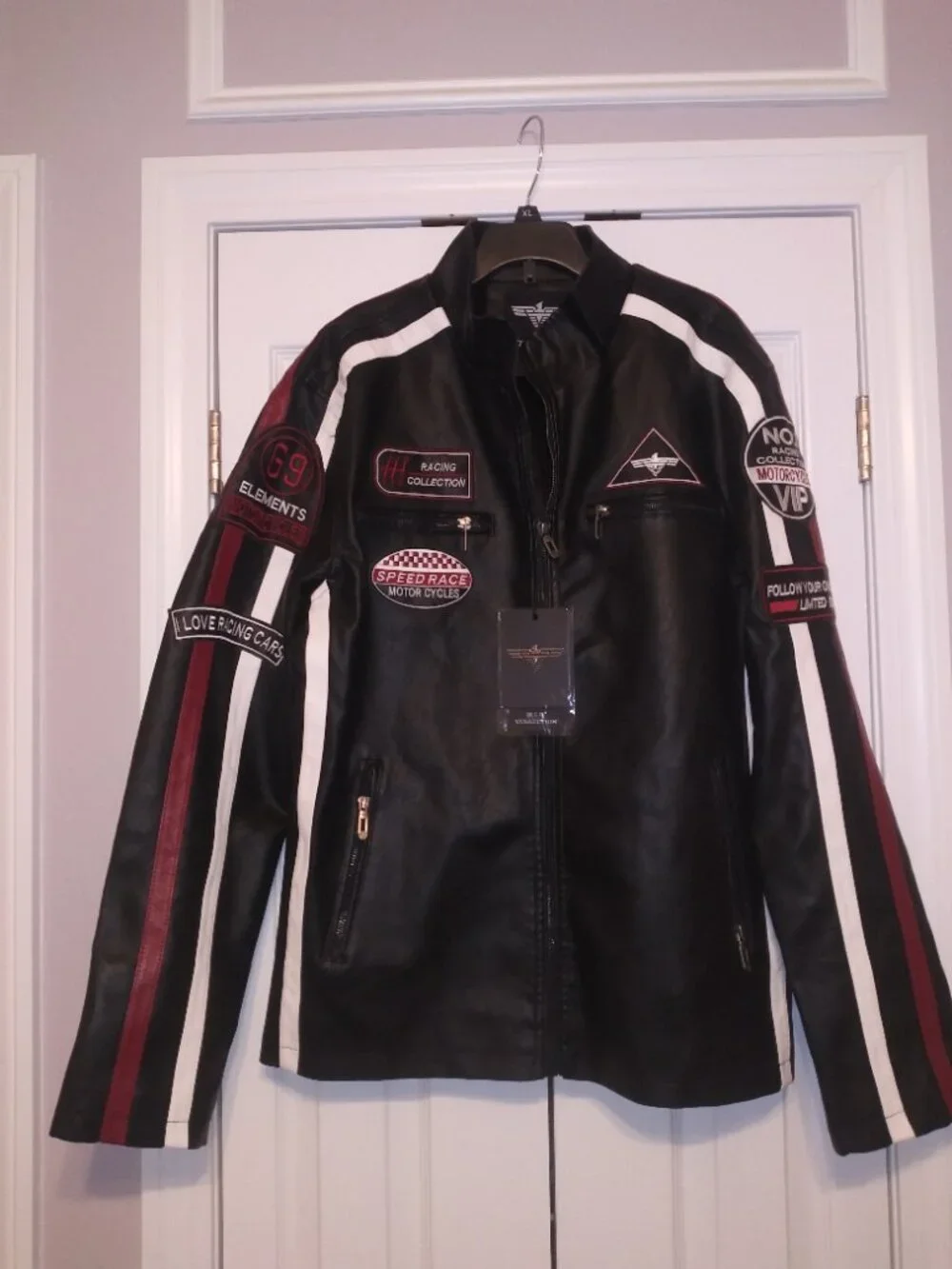 V.I.P. Collection Men’s Black Racing Motorcycle Jacket Red White Stripes Size -L